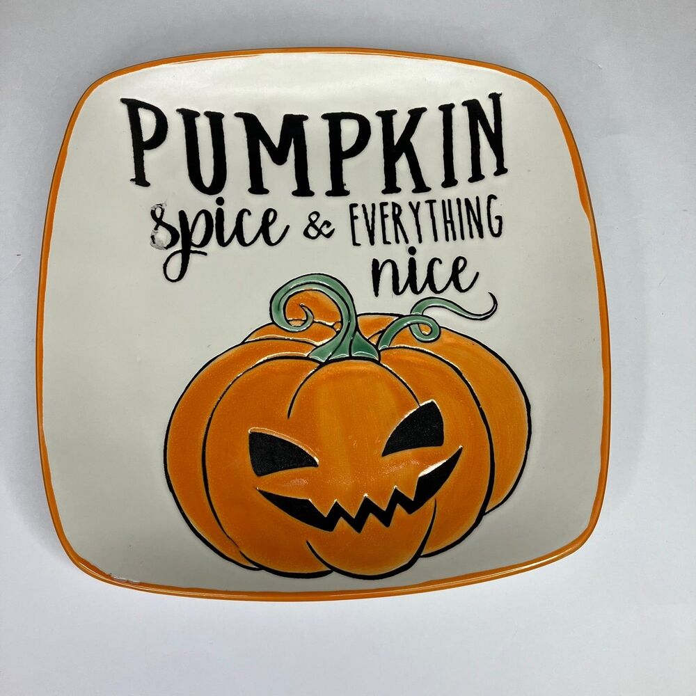 Halloween Jack O Lantern PUMPKIN SPICE & EVERYTHING NICE Plate Stoneware Square